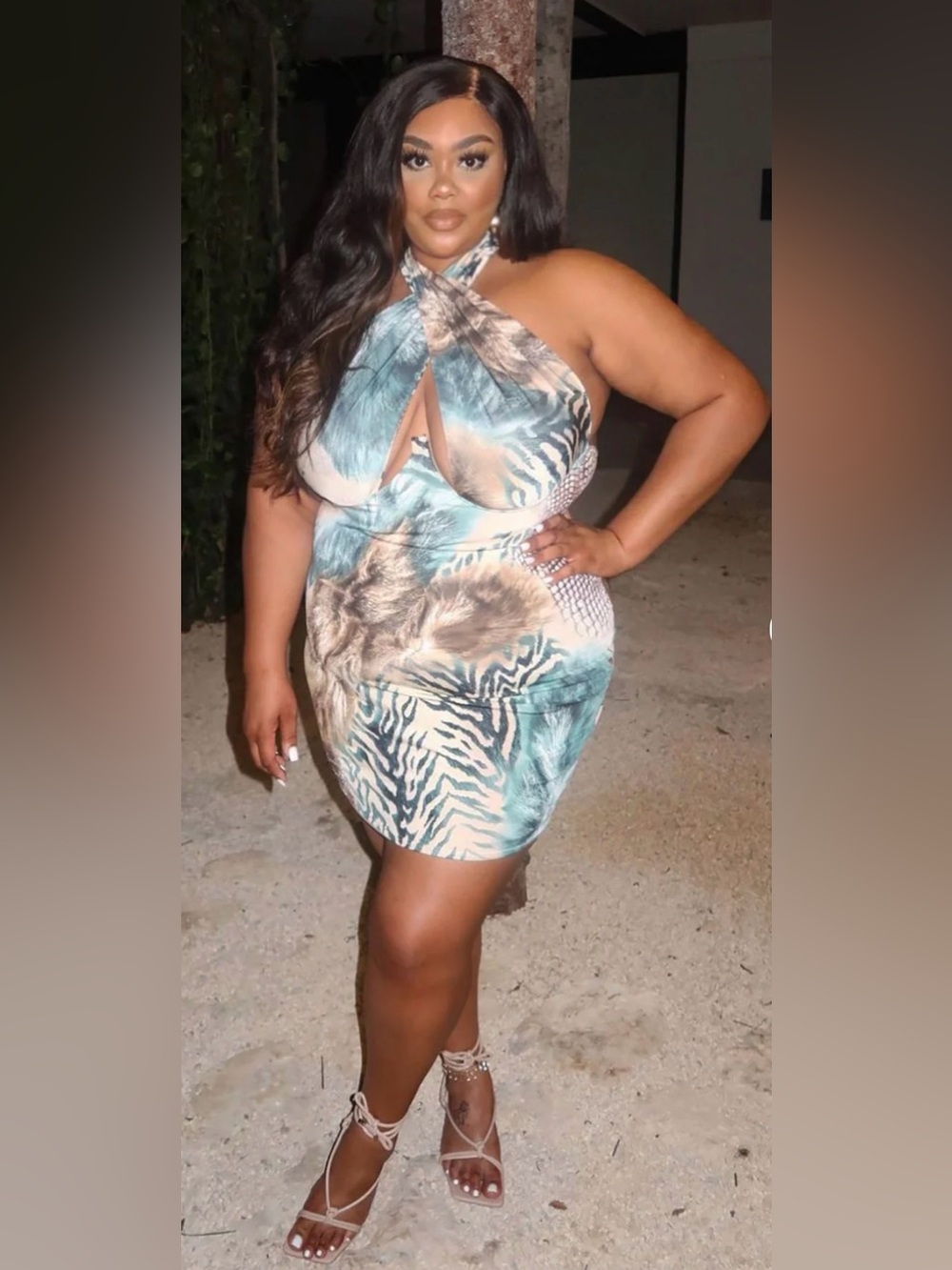 Fashion Nova Teal and Beige Animal-Print Cutout Mini Dress - Picture 3 of 5